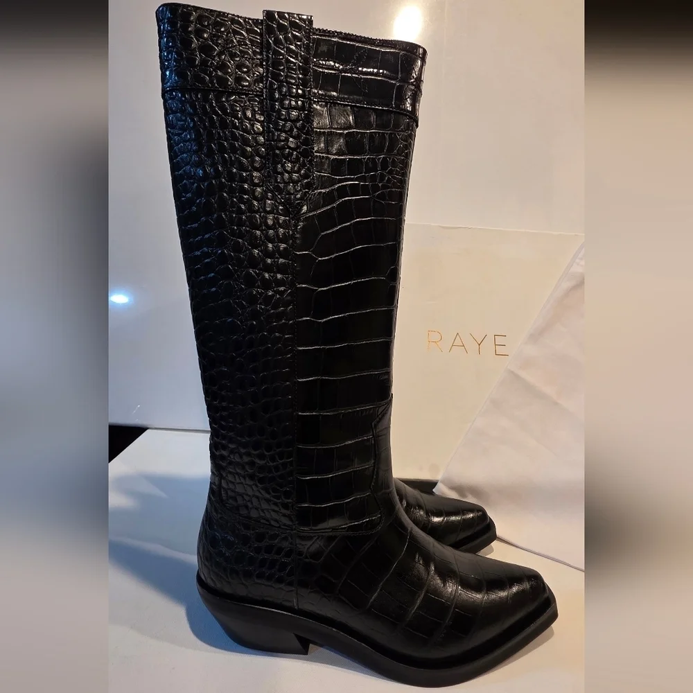 Raye Vervier Boot in Black Croc Embossed Leather